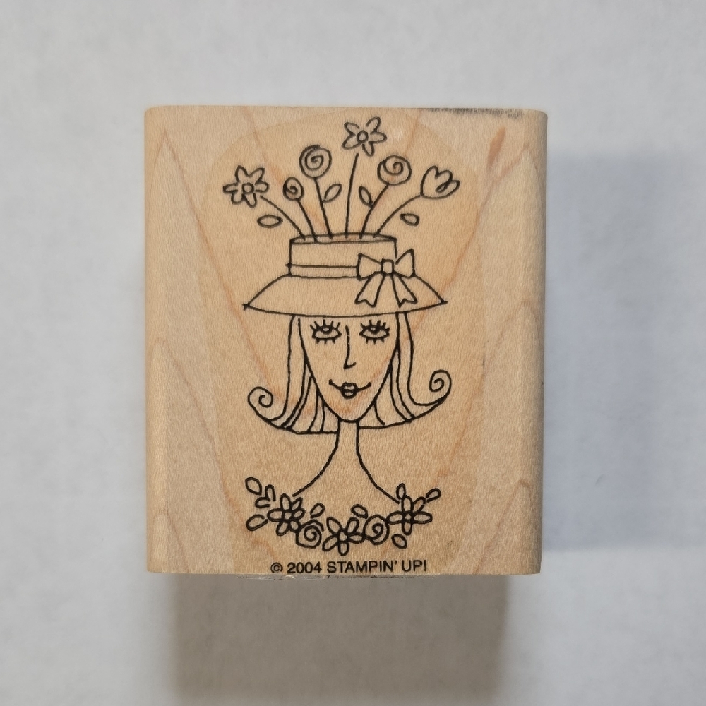 Stampin' Up! Wooden Rubber Stamp — Black Line Floral Hat Lady